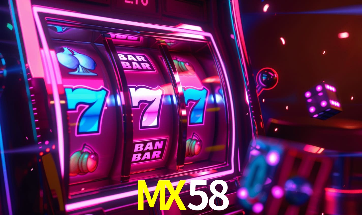 Escena dinámica inspirada en casino con iluminación MX58, cartas, fichas e íconos de juegos digitales en un espacio moderno de juegos.