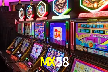 Una escena digital vívida inspirada en casino con MX58 mostrado prominentemente, luces brillantes, fichas, cartas y acentos dorados.