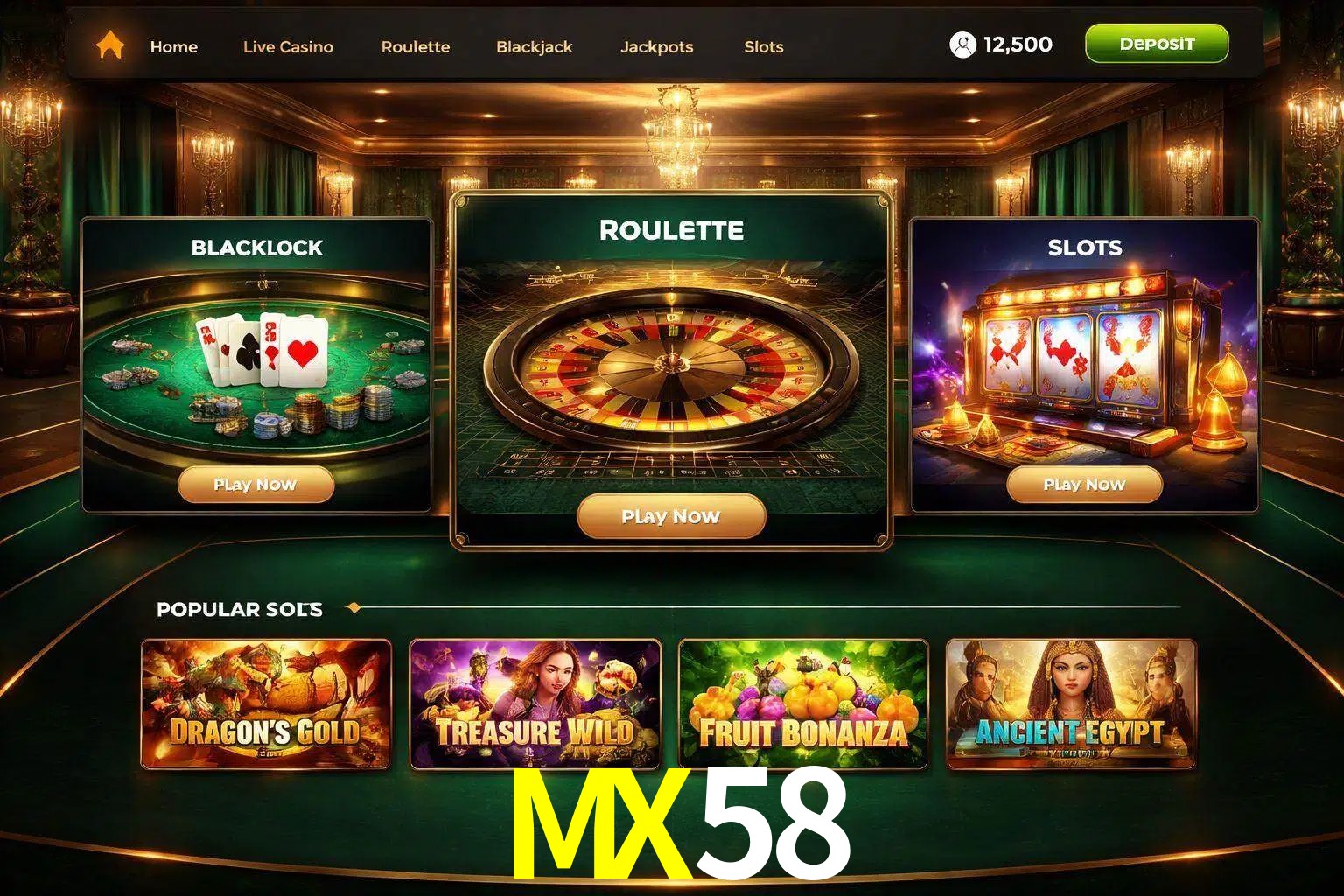 Vista de la plataforma MX58 Casino mostrando categorías organizadas de juegos en línea
