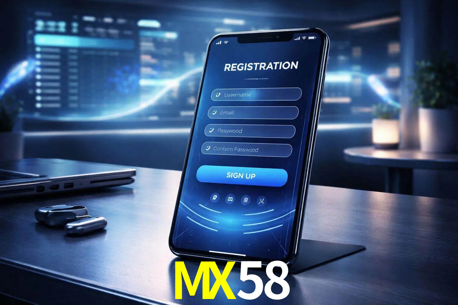 Una interfaz moderna de registro móvil para MX58 mostrada en un smartphone con un panel de apuestas elegante.